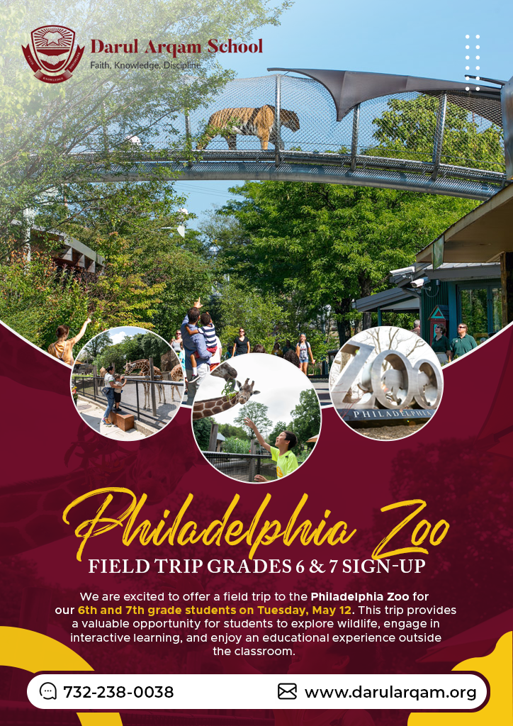 Promotional flyer for Philadelphia Zoo field trips for 6th and 7th graders; shows visitors, a tiger on a bridge, and the Zoo logo.