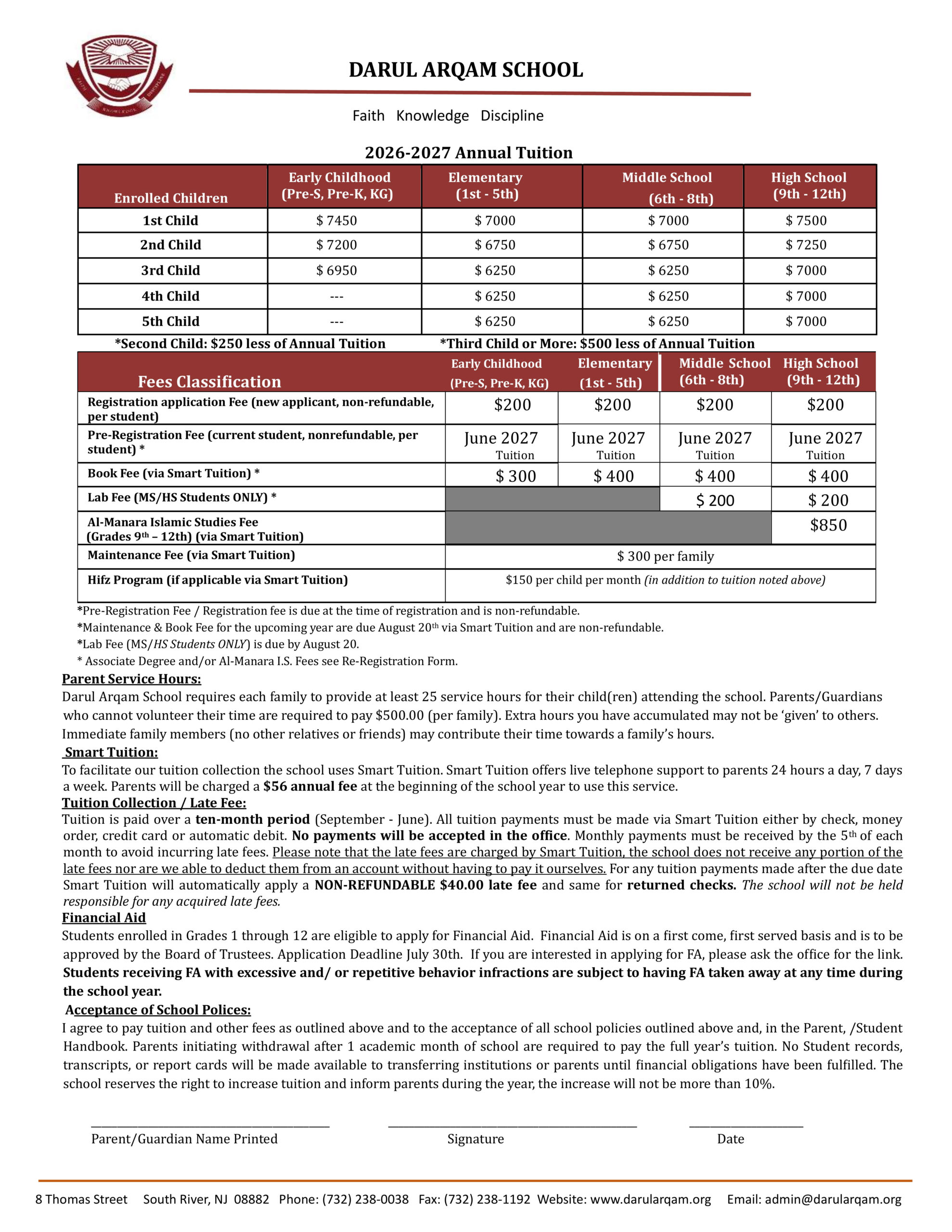 Darul Arqam School tuition and fees form showing annual charges by grade and enrollment type (informational document).